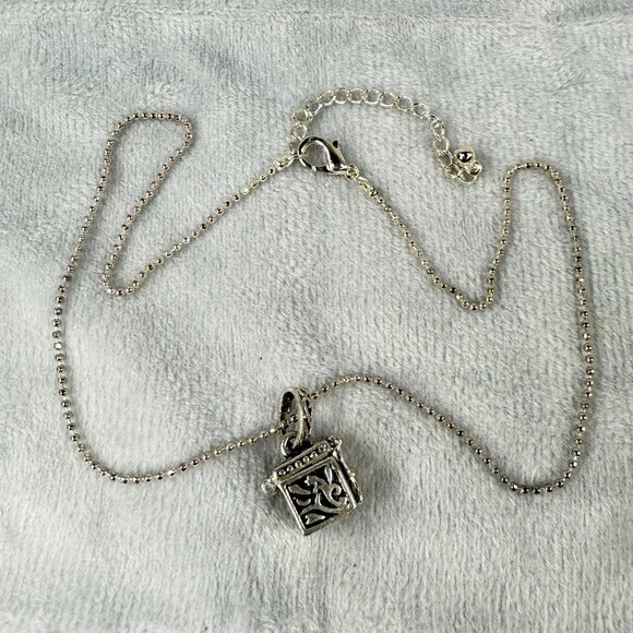 Silver-Tone Prayer Box Locket Necklace Ornate Etching & Purple Gemstone Accents - Picture 2 of 16